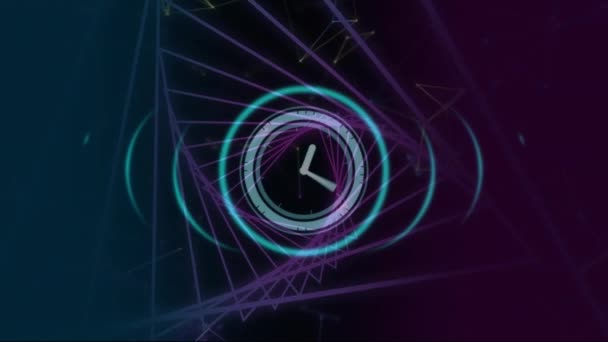 Animacja Neonowej Ikony Tykającej Zegara Sieci Splotu Przeciw Przędzeniu Abstrakcyjnego — Wideo stockowe