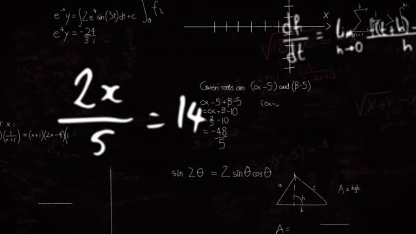 Animazione Equazioni Matematiche Formule Diagrammi Fluttuanti Sfondo Nero Concetto Scuola — Video Stock