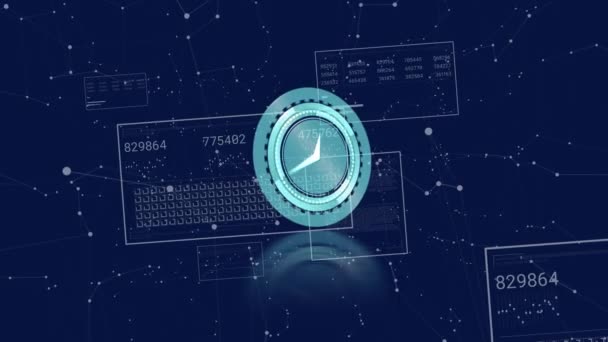 Animação Relógio Marcação Néon Sobre Interface Com Processamento Dados Pontos — Vídeo de Stock