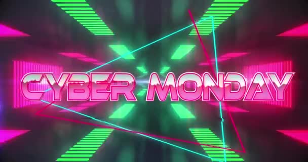 Animace Kybernetického Pondělního Textového Banneru Proti Neonovému Tunelu Plynulém Vzoru — Stock video