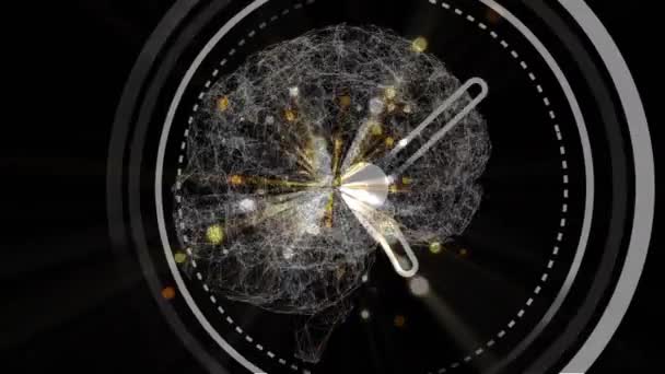 时钟图标在旋转人脑图标上的动画和黑色背景上的黄斑 医学研究和科学技术概念 — 图库视频影像