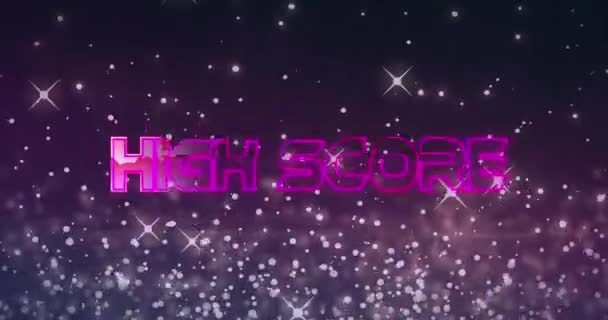 紫の背景に光のスポットと輝く星の上にハイスコアテキストバナーのアニメーション ビデオゲームインターフェース技術の概念 — ストック動画