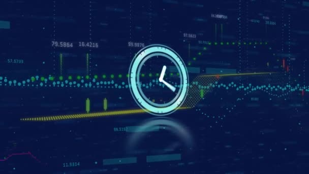 Animation Neon Ticking Clock Financial Data Processing Blue Background Global — Vídeo de Stock