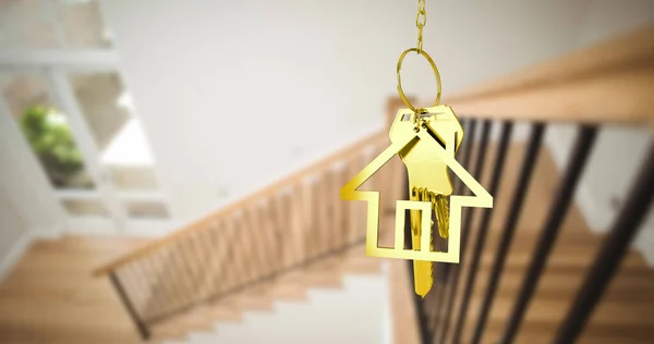 Afbeelding Van Gouden Sleutel Met Huisvorm Boven Trap Huis Bewegend — Stockfoto