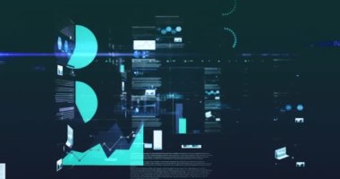 Çoklu grafik animasyonu, çemberler yükleme ve bilgisayar dili siyah arkaplana karşı. Dijital olarak oluşturulmuş, hologram, illüstrasyon, rapor, iş, ilerleme, kodlama ve teknoloji kavramı.