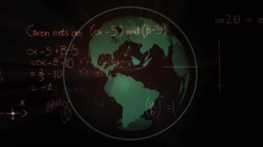 Matematiksel denklemler üzerinde küre ve veri işleme animasyonları. Küresel iş, bağlantılar, hesaplama, dijital arayüz ve dijital olarak oluşturulmuş video işleme kavramı.