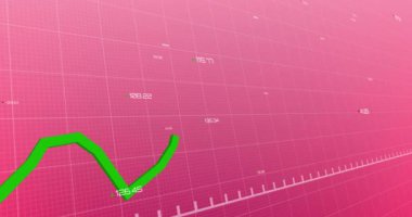 Pembe arkaplandaki şebeke üzerindeki değişen sayılarla grafiğin animasyonu. Dijital olarak üretilmiş, hologram, illüstrasyon, rapor, büyüme, üç boyutlu ve iş konsepti.