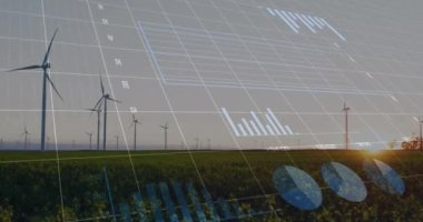 Yeşil alandaki yel değirmeninin hızlandırılması sırasında grafiklerin ve değişen sayıların animasyonu. Dijital bileşik, çoklu pozlama, rapor, iş dünyası, çevre, teknoloji, sürdürülebilir konsept.