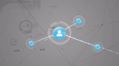 Bağlantılar ve simgeler ağıyla veri işleme animasyonu. Dijital olarak oluşturulmuş küresel bağlantılar, hesaplama, dijital arayüz ve veri işleme kavramı.