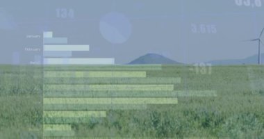 Çayırlarda gri gökyüzüne karşı dönen yel değirmenlerinin istatistiksel veri işleme sistemi. İş ve yenilenebilir enerji teknolojisi kavramı