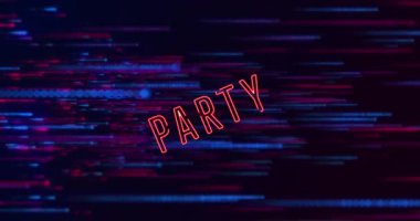 Parti metninin canlandırması siyah arkaplan ile soyut desen üzerinde. Dijital olarak üretilmiş, hologram, illüstrasyon, aydınlanma, toplanma, eğlence ve kutlama konsepti.