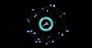 Siyah arkaplana karşı küre oluşturan birbirine bağlı noktaların üzerindeki dijital saatin animasyonu. Dijital olarak üretilmiş, hologram, illüstrasyon, aydınlanma, küreselleşme, iletişim ve teknoloji kavramı.