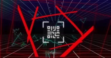 QR kodunun animasyonu, neon hatları ve veri işleme. Dijital olarak oluşturulmuş küresel çevrimiçi güvenlik, dijital arayüz ve veri işleme kavramı.