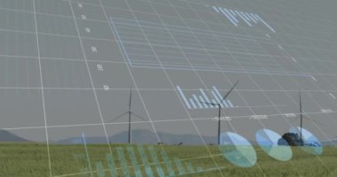 Birden fazla grafiğin animasyonu, değişen sayılar, yeşil alanda yel değirmeninin üzerinden çember yükleme. Dijital bileşik, çoklu pozlama, rapor, iş dünyası, çevre, teknoloji, sürdürülebilir konsept.