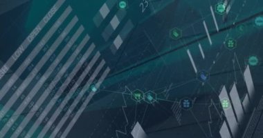 Masaüstü görüntüsü ile ilgili bilgi arayüzü üzerinden bağlı simgelerin canlandırılması. Dijital bileşik, çoklu pozlama, rapor, iş, ilerleme, iletişim ve teknoloji kavramı.