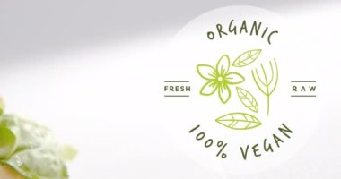 Organik, taze, çiğ, yüzde yüz vejetaryen metni, çiçek ve sebze burgerin üzerindeki yaprakların animasyonu. Dijital bileşik, çoklu maruz kalma, veganlık, organik, yiyecek, sağlıklı, destek ve kutlama.
