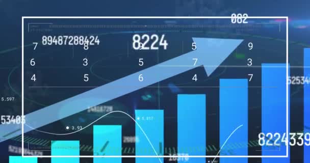 青の背景に成長しているグラフと矢印上の数字と読み込みバーを変更するアニメーション デジタル生成 ホログラム イラスト 進捗状況 レポートとビジネスコンセプト — ストック動画