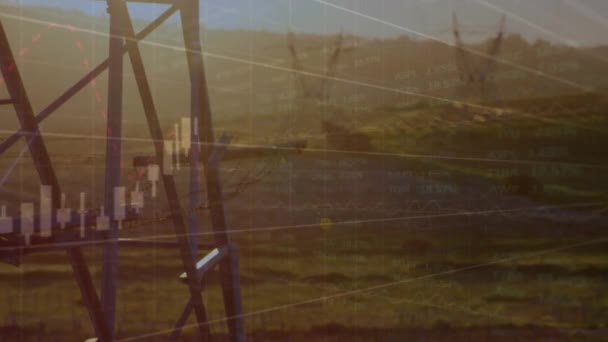 Animation Multiple Graphs Trading Board Transmission Towers Green Field Digital — Stock Video
