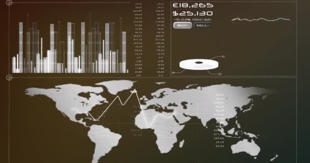 Animación Gráficos Símbolos Monetarios Ondas Sonoras Mapa Sobre Fondo Abstracto — Vídeo de stock