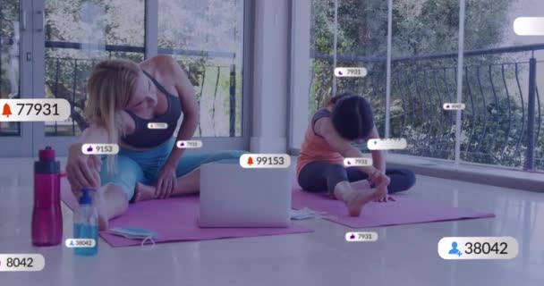 Animation Numbers Icons Notification Bars Caucasian Mother Daughter Doing Stretching — Stock Video