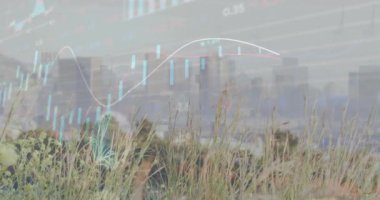 Animation of financial data processing over cityscape. Global business, finances, computing and data processing concept digitally generated video.