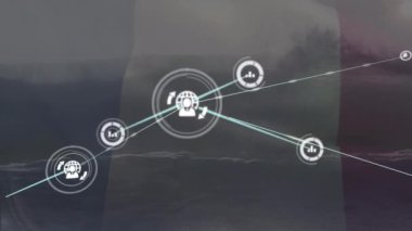 Fransa bayrağı üzerinden bağlantı ağı üzerinden veri işleme animasyonu. Dijital olarak oluşturulmuş küresel bağlantılar, hesaplama, dijital arayüz ve veri işleme kavramı.