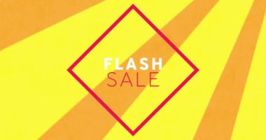 Sarı arka plandaki çizgilerin üzerinde eşkenar dörtgen şeklinde flash satış metninin animasyonu. Dijital olarak üretilen hologram, illüstrasyon, vektör, indirim, pazarlama ve reklam kavramı.