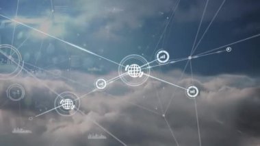 Bağlantılar ve simgeler ağıyla veri işleme animasyonu. Dijital olarak oluşturulmuş küresel bağlantılar, hesaplama, dijital arayüz ve veri işleme kavramı.