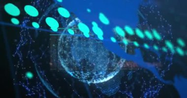 Noktaların üzerinde numaralar olan grafiklerin soyut arkaplan karşısında küre oluşturması. Dijital olarak üretilmiş, hologram, illüstrasyon, iletişim, küreselleşme, rapor ve iş kavramı.