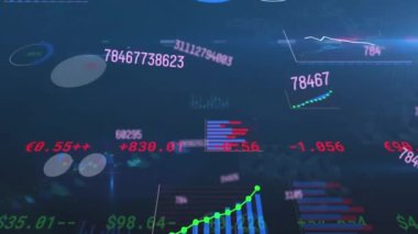 Animation of multiple changing numbers and statistical data processing against blue background. Computer interface and business data technology concept