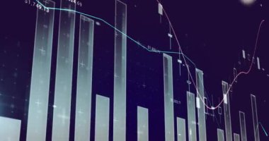 Soyut arkaplan üzerinde numaralar bulunan çoklu grafiklerin canlandırılması. Dijital olarak üretilmiş, hologram, illüstrasyon, rapor, iş dünyası, rakamlar ve teknoloji kavramı.