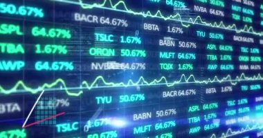 İstatistikler üzerinden veri işleme animasyonu. Küresel iş, bağlantılar, hesaplama, dijital arayüz ve dijital olarak oluşturulmuş video işleme kavramı.