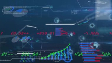 Yuvarlak tarayıcılarla arayüzün animasyonu ve mavi arkaplan ile istatistiksel veri işleme. Bilgisayar arayüzü ve iş veri teknolojisi kavramı