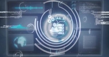 Çemberlerin, grafiklerin, simgelerin, soyut arka plana karşı bilgisayar dilinin üzerindeki dünyanın animasyonu. Dijital olarak üretilmiş, hologram, illüstrasyon, küreselleşme, kodlama, rapor, iş ve teknoloji.