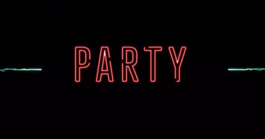 Siyah arka planda patlama üzerine parti metninin canlandırması. Dijital olarak üretilmiş, hologram, illüstrasyon, aydınlanma, toplanma, eğlence ve kutlama konsepti.