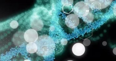 Molekül yapıları üzerinde DNA sarmalları oluşturan noktaların animasyonu ve siyah arkaplanda mercek parlamaları. Dijital olarak üretilmiş, hologram, illüstrasyon, anatomi, tıbbi, sağlık ve teknoloji konsepti.