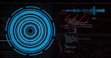 Kapsam taramasında veri işleme animasyonu. Küresel iş, bağlantılar, hesaplama, dijital arayüz ve dijital olarak oluşturulmuş video işleme kavramı.