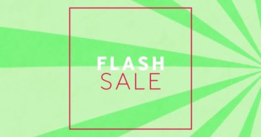 Soyut arkaplan ile şeritlerin üzerinde flash satış metninin canlandırması. Dijital olarak üretilen hologram, illüstrasyon, vektör, indirim, pazarlama ve reklam kavramı.