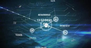 Bağlı simgelerin canlandırılması, soyut arkaplan karşısında küre oluşturan çizgiler üzerinde numaraların değiştirilmesi. Dijital olarak üretilen, hologram, illüstrasyon, küreselleşme, iletişim ve teknoloji kavramı.