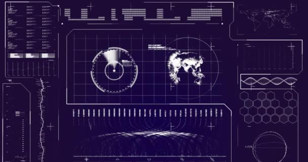 Animatie Van Radar Globe Laadbalken Dna Helix Geluidsgolf Kaart Abstracte — Stockvideo