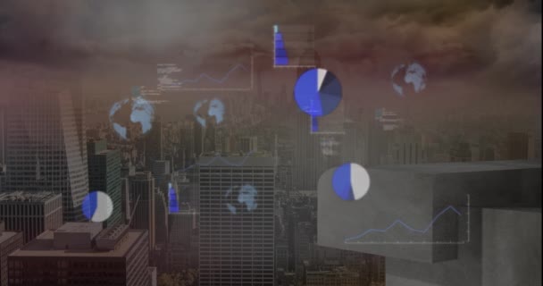 Animáció Grafikonok Földgömbök Számítógépes Nyelv Modern Város Ellen Felhős Digitális — Stock videók