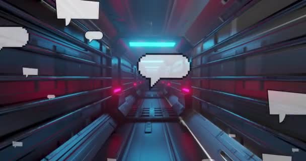 Animasi Kotak Pesan Dan Lensa Menyala Atas Terowongan Futuristik Latar — Stok Video