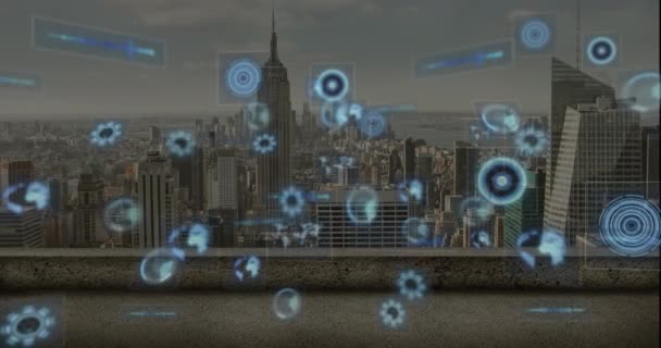 Animación Círculos Radares Globos Ondas Sonoras Sobre Paisaje Urbano Moderno — Vídeo de stock