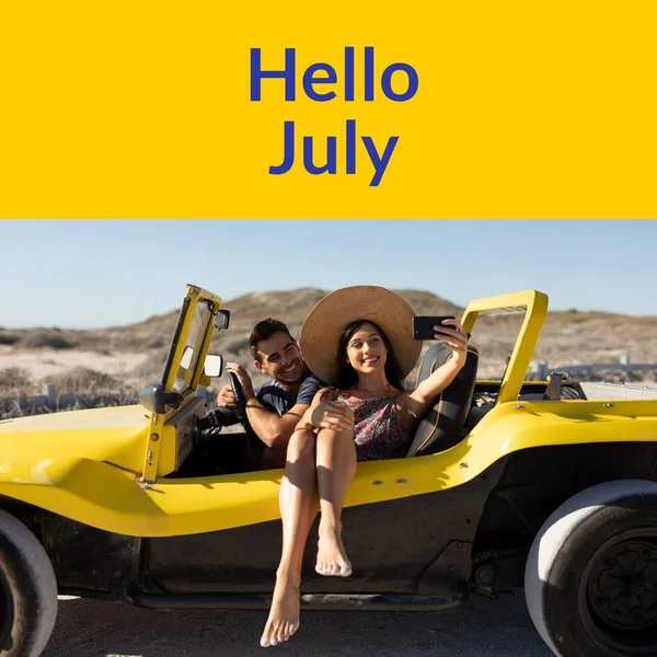 Composition Hello July Text Caucasian Couple Car Beach Summer July — Stock Photo, Image