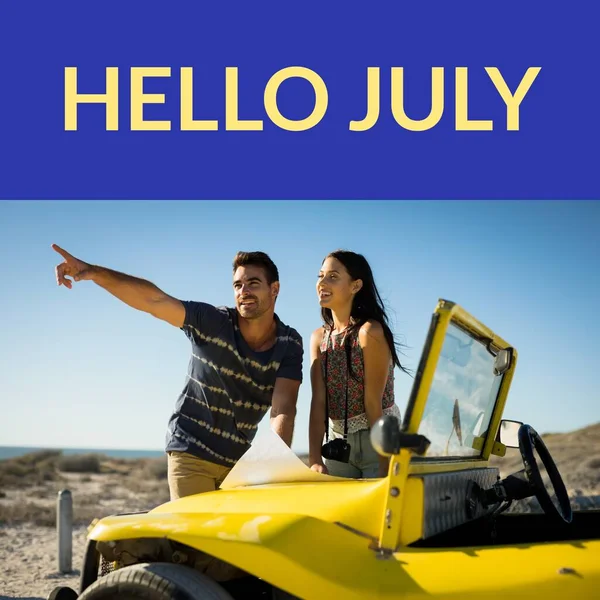 Σύνθεση Του Hello July Κείμενο Πάνω Από Καυκάσιο Ζευγάρι Χάρτη — Φωτογραφία Αρχείου