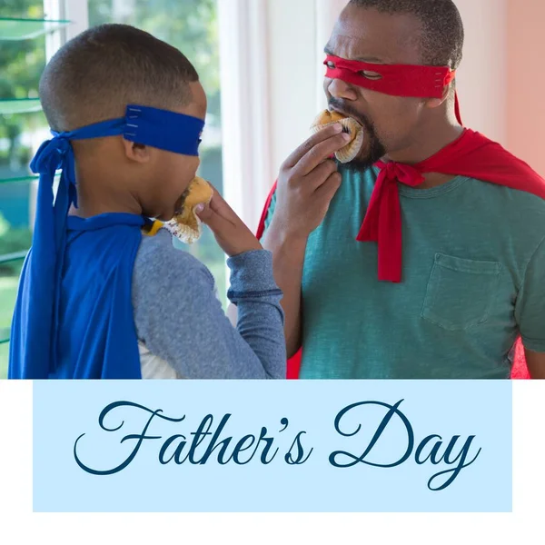 Composite Father Day Text African American Father Son Superhero Costume — Stock Photo, Image