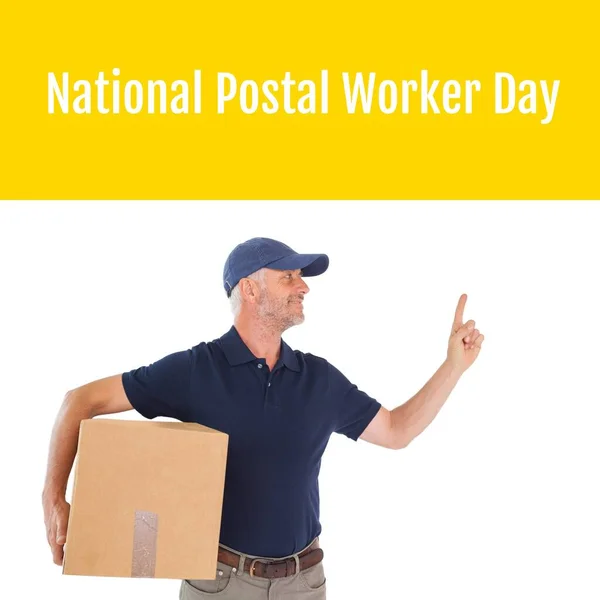 Composição Texto Dia Nacional Trabalhador Postal Sobre Homem Entrega Caucasiano — Fotografia de Stock