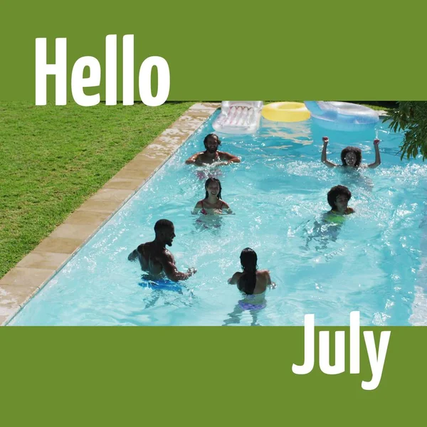Σύνθεση Του Hello July Κείμενο Πάνω Από Διάφορους Φίλους Στην — Φωτογραφία Αρχείου