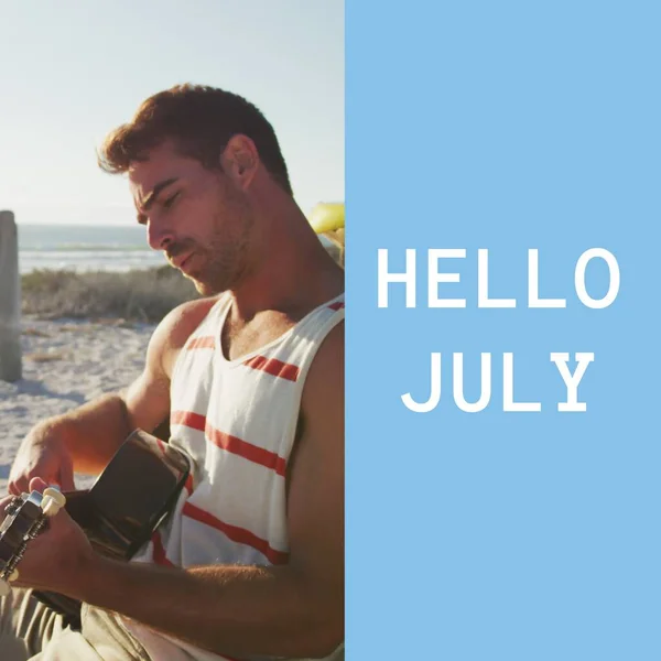 Composition Hello July Text Caucasian Man Guitar Beach Summer July — Stock Photo, Image