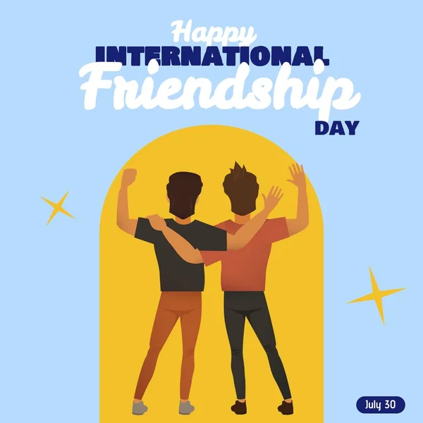 Composition of international friendship day text over male friends embracing. International friendship day and friendship concept digitally generated image.